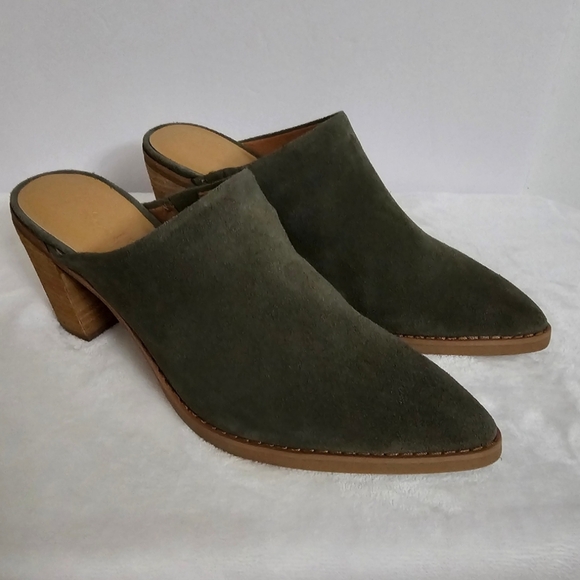 Splendid Olive Genuine Suede Slip-On Roberta Stacked Heel Mules - Picture 2 of 14